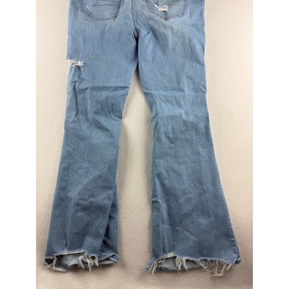 American Eagle Super Hi-Rise Flare Jeans Womens 10 Light Wash Distressed Raw Hem - Picture 3 of 10